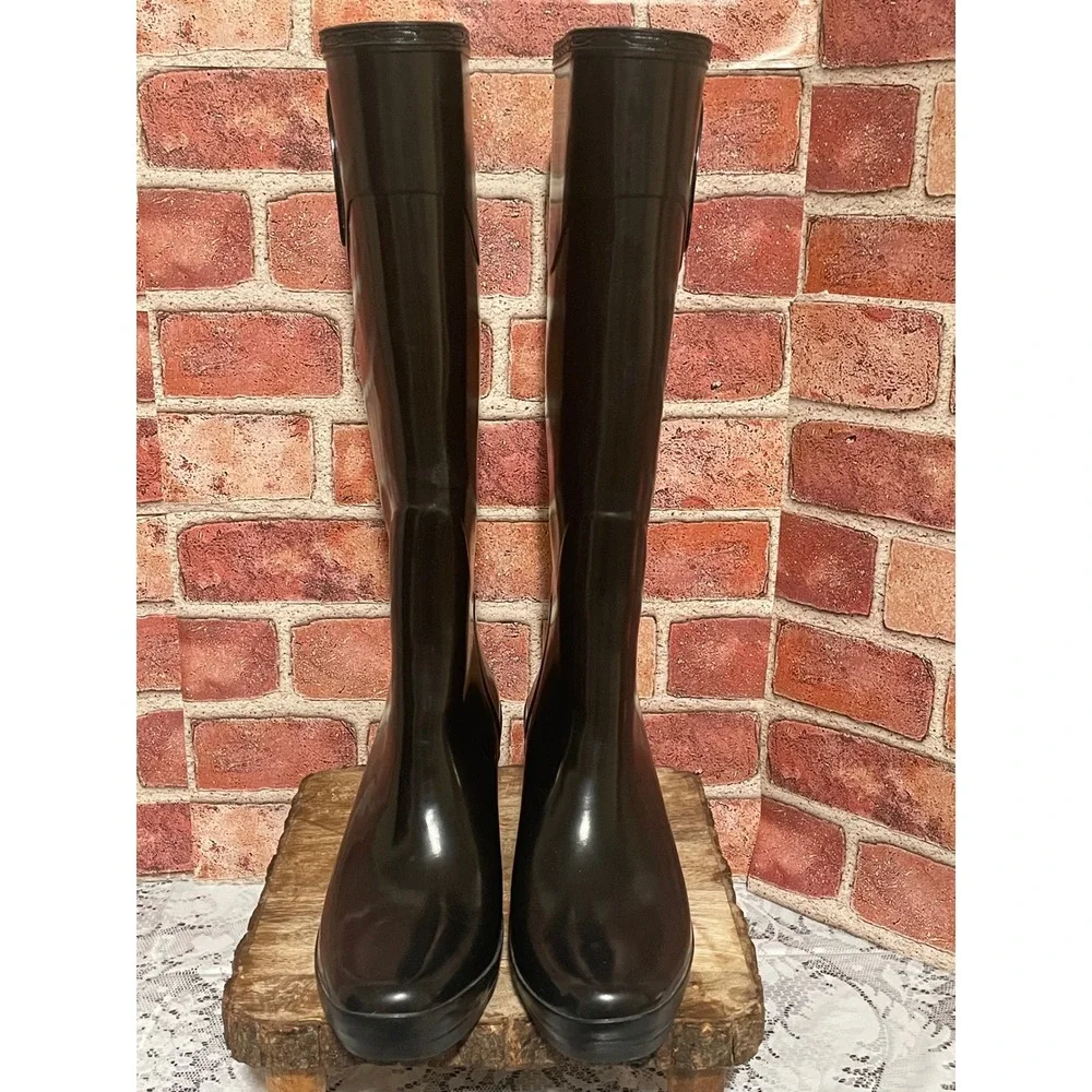 Hunter Champery Black Wedge Rain Boots W23955 Rubber Tall Platform Womens 8
